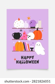 A vector Halloween poster featuring a pumpkin, a skull, a bat, and a magic ball in a modern flat style against a purple background.