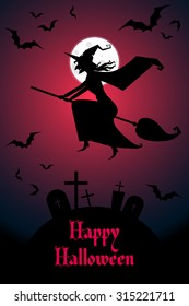 vector halloween poster with flying witch on a broomstick