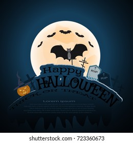 Vector Halloween poster with full moon, flock of bats, vampire, headstone, grave crosses, pumpkin, text on the gradient dark blue background.