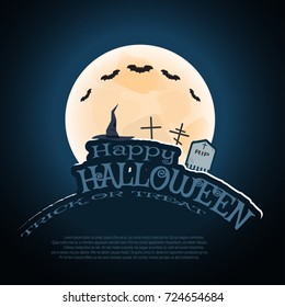 Vector Halloween poster with full moon, flock of bats, wizard's hat, headstones, grave crosses, pumpkin, text on the gradient dark blue background.