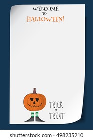 Vector Halloween poster with funny pumpkin in boots. Creative cartoon illustration of traditional symbol. Place for your design. Trick and treat concept. Template for banner,, flyer,invitation