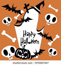 Vector halloween poster with ghosts, skull, bat, headstone for cute postcard, logo, for invitations, greeting cards, business card. Happy Halloween