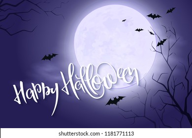 vector halloween poster with hand lettering greetings label - happy halloween - on night sky with full moon and clouds on the background with flying bats and dark trees.