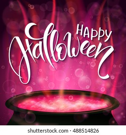 vector halloween poster with hand lettering greetings label - happy halloween - with boiling witch cauldron on background.