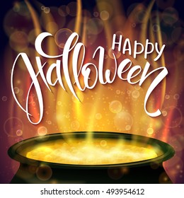 vector halloween poster with hand lettering greetings label - happy halloween - with boiling witch cauldron on background.