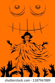 vector halloween poster hands reaching to dark wizard, scarecrow face