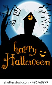 Vector Halloween poster. House on the hill at night. In the style of cartoon. EPS 10