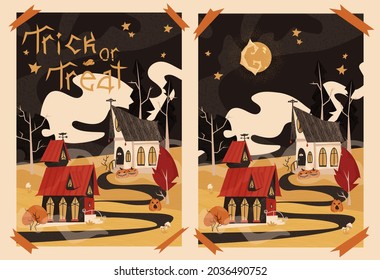 Vector halloween poster, invitation cards. Night landscape for happy halloween.