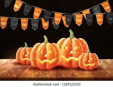 Vector halloween poster with jack o lanterns scary pumpkin face on wooden background with orange black realistic buntings. Traditional holiday decoration, autumn trick or treat kids event.