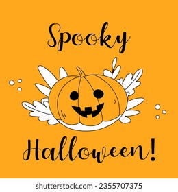 Vector Halloween poster with a jack o lantern and Spooky Halloween inscription. Orange, black and white Halloween poster.