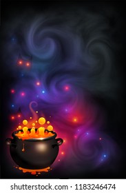 Vector Halloween poster with orange bubbling witch brew in black pot on dark violet smoke and magic lights background.