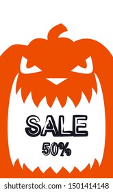 Vector Halloween poster with orange pumpkin isolated on white background. Evil pumpkin. Halloween background. Pattern for fabrics, clothes, paper, wallpaper.
