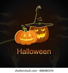 
Vector Halloween poster. Pumpkins on a dark background