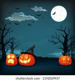 Vector halloween poster. Scared pumpkin with candle inside, grinning vampire pumpkin in witch hat and dead pumpkin. Background with bare trees, full moon, clouds and bats on the dark blue night sky.