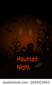 Cartaz de Halloween vetor com composição silhueta com uma casa assombrada, figuras fantasmagóricas, árvores escuras, morcegos, monstro e abóbora esculpida. Paleta de cores laranja e preto estilizado com noite estranha a