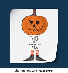 Vector Halloween poster with spooky pumpkin in boots. Creative illustration with traditional symbol. Funny template for banner, advertisement, flyer,invitation. Trick and treat concept