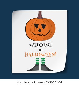 Vector Halloween poster with spooky pumpkin in boots. Creative illustration with traditional symbol. Funny template for banner, advertisement, flyer,invitation