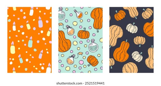 Vector Halloween posters collection in flat style. Perfect art for postcard, flyer, banner, sale. Hand drawn illustration.