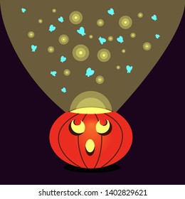 Vector halloween pumpkin. Pumpkin attracts butterflies with light. Halloween cartoon sticker. Flat festive illustration. A luminous pumpkin and blue butterflies. Scary pumpkin. Dark background