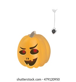 Vector halloween pumpkin with black spider. Vector illustration isolated on white background.
