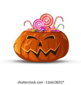 Vector Halloween pumpkin with a Candies and Lollipops,white isolated background.