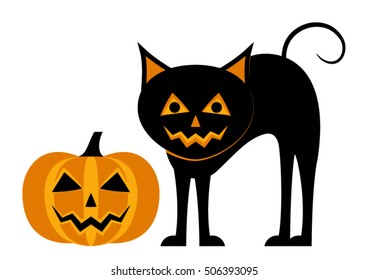 vector halloween pumpkin and cat isolated on white background