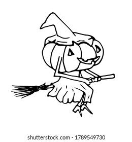 Vector Halloween pumpkin character. Cute hand-drawn pumpkin dressed witch with broomstick and hat. Trick or treat illustration.