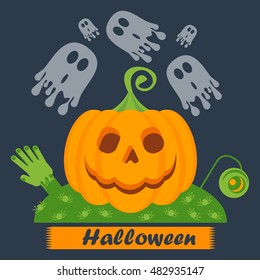 Vector Halloween pumpkin face glowing on black background. Halloween kids party poster. Design elements for advertising, promotion. Flat cartoon illustration. Objects isolated on white background.