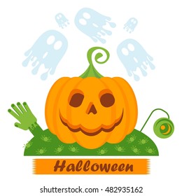 Vector Halloween pumpkin face. Halloween kids party poster. Design elements for advertising, promotion. Flat cartoon illustration. Objects isolated on white background.