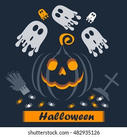 Vector Halloween pumpkin faces glowing on black background. Halloween kids party poster. Design elements for advertising, promotion. Flat cartoon illustration. Objects isolated on white background.