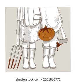 Vector. Halloween. Pumpkin. Gothic. Girls with an axe and pitchfork.