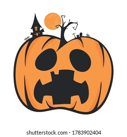 Vector of Halloween Pumpkin with Horror House and Tree