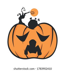 Vector of Halloween Pumpkin with Horror Tree