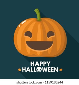 Vector Halloween pumpkin icon with a smiling face. Illustration of a pumpkin in a flat style. Text: Happy Halloween!