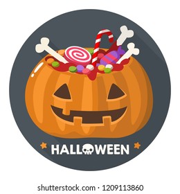 Vector Halloween pumpkin icon. Pumpkin with a smiling face filled with candy and bones. Illustration in flat style. Text: Halloween.