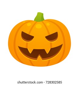 Vector Halloween pumpkin illustration with evil carved face. Cartoon drawing isolated on white background.
