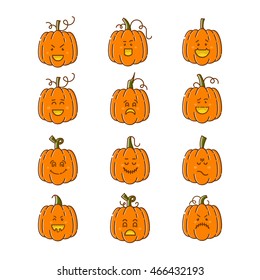Vector Halloween pumpkin linear icons set. Emotion Variation. Line flat style design elements. Set of scary and cute facial expressions. Spooky horror pumpkins  illustration.