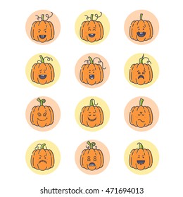 Vector Halloween pumpkin linear icons set. Emotion Variation. Line flat style design elements. Set of scary and cute facial expressions. Spooky horror pumpkins  illustration.