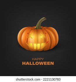 Vector Halloween Pumpkin on Black Background. Cute Jack-o-lanterns, Carved Pumpkin Face for Invitations, Cards, Wrapping, Banners Design. 3d Realistic Pumpkin