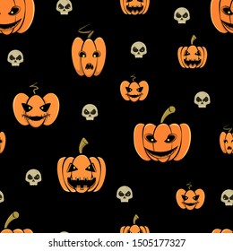 vector Halloween pumpkin pattern with skulls, seamless illustration