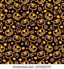 vector halloween pumpkin seamless pattern black orange evil jack o lantern repeating tile, dark spooky halloween backdrop repeat background, funny creepy scary pumpkin october halloween wrapping paper