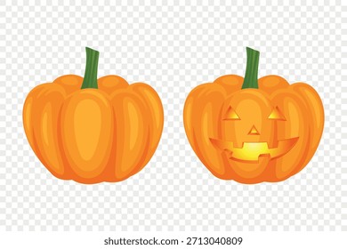 Vector Halloween Pumpkin Set with Carved Faces. Cute Cartoon Pumpkins Set. Colorful Halloween Stickers for Autumn Harvest, Fall Decoration, Thanksgiving, Festive Design