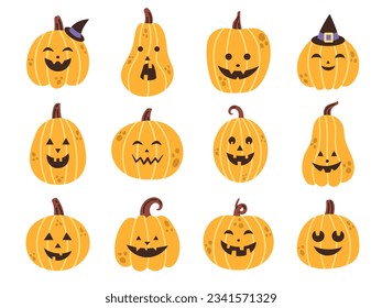 Vector halloween pumpkin set. Collection of halloween pumpkins carved faces in flat design. Scary and spooky faces. Jack o lantern. Smiling pumpkins for halloween night.