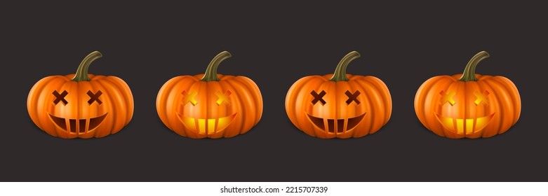 Vector Halloween Pumpkin Set. Cute Jack-o-lanterns, Carved Pumpkin Face for Invitations, Cards, Packaging, Wrapping, Banners Design. 3d Realistic Pumpkins