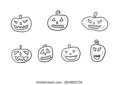 Vektorkürbis-Set. Handgezeichnete Illustration. Halloween Jack-o-Laternen.