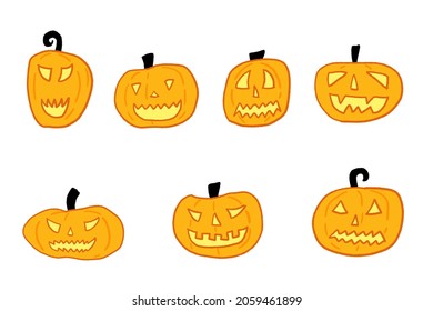 Juego de calabazas vectoras de Halloween. Estilo de ilustración dibujado a mano. Halloween Jack-o-lantern.