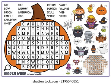 Vector Halloween pumpkin shaped word search puzzle for kids. Autumn holiday quiz for children. Educational activity with kawaii symbols. Cute All saints day English language cross word
