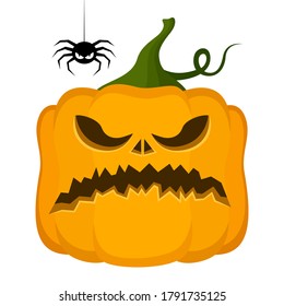 Vector Halloween pumpkin with spider. Cartoon style. Autumn symbol of a bright holiday. For the design of cards, flyers, party invitations, poster, t-shirt prints. Isolated on white background.
