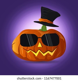 Vector Halloween pumpkin Wear a magic hat with sunglasses,night style.