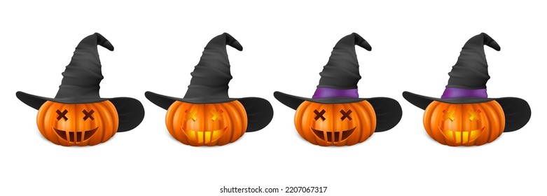 Calabaza vectora de Halloween con sombreros de bruja. Cables calabazas, Cara de calabaza tallada para invitaciones, tarjetas, empaquetado, envolvimiento, diseño de carteles. 3.ª Calabaza Realista